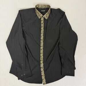 Barry Wang XL Black Dress Shirt Gold Floral Trim Button Up Long Sleeve